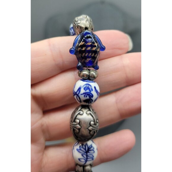 Silver Tone Blue Art Glass Fish Panda Round Beaded Wrap Bracelet B1A - Picture 3 of 6